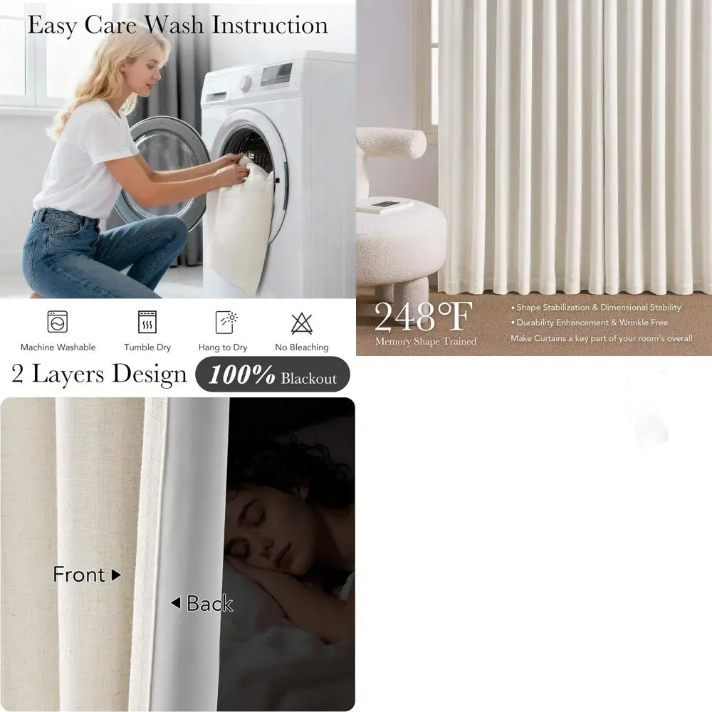 

Шторы блэкаут из 100% льна, длина 90 дюймов, комплект из 2 панелей, с плиссировкой, для гостиной/спальни