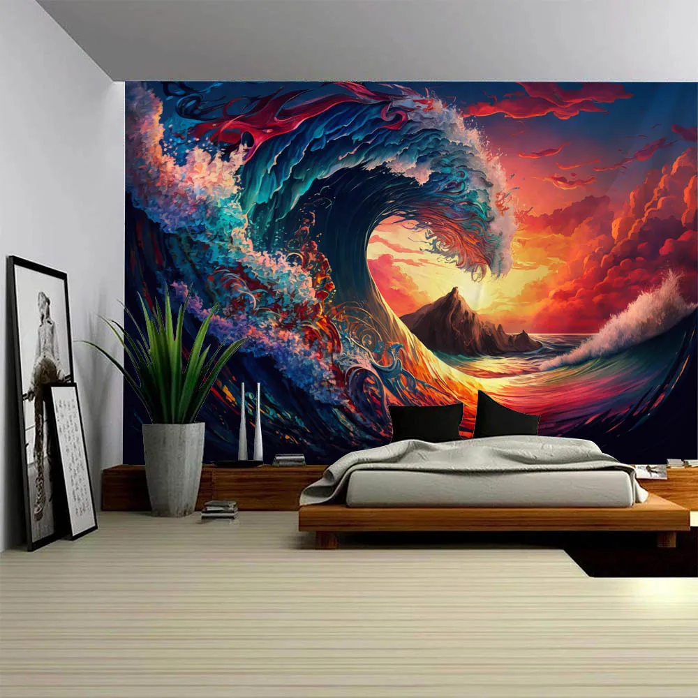Sea Sunrise Tapestry Kanagawa Wave Printed Fabric Hanging Painting Home Bedroom Living Room Wall Hanging Poster