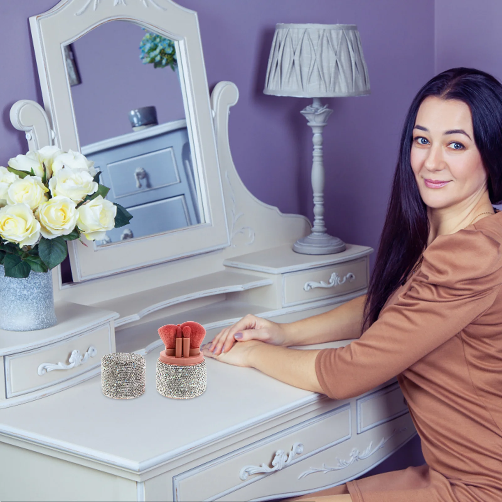 1 Juego de brochas de maquillaje de lujo con diamantes de imitación, organizador de viaje compacto, estuche a prueba de polvo para base en polvo, sombra de ojos, mezcla de contorno