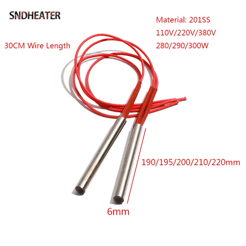 SNDHEATER 6 مللي متر خرطوشة الفولاذ المقاوم للصدأ قضيب تسخين 280/290/300 واط الكهربائية يموت يلقي سخان 190/195/200/210/220 مللي متر 110 فولت/220 فولت/380 فولت