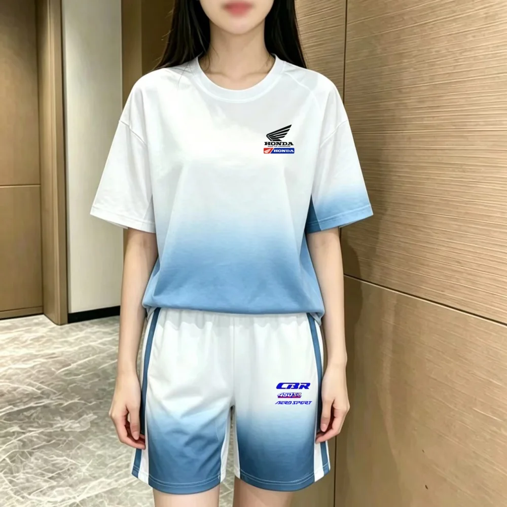 Gradient Purple Men's And Women's Quick Drying Sportswear 2-Piece Set Loose Short Sleeved T-Shirt Striped Shorts Gym Jogging cas