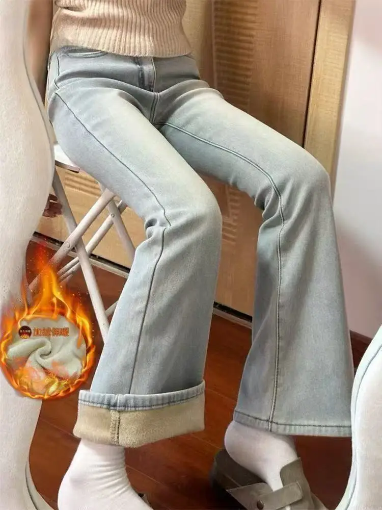 

plus Size Fleece Lined Thickened Light Blue Micro Flared Denim Jeans Women's High Waist Slimming Stretchy Bootcut Pants