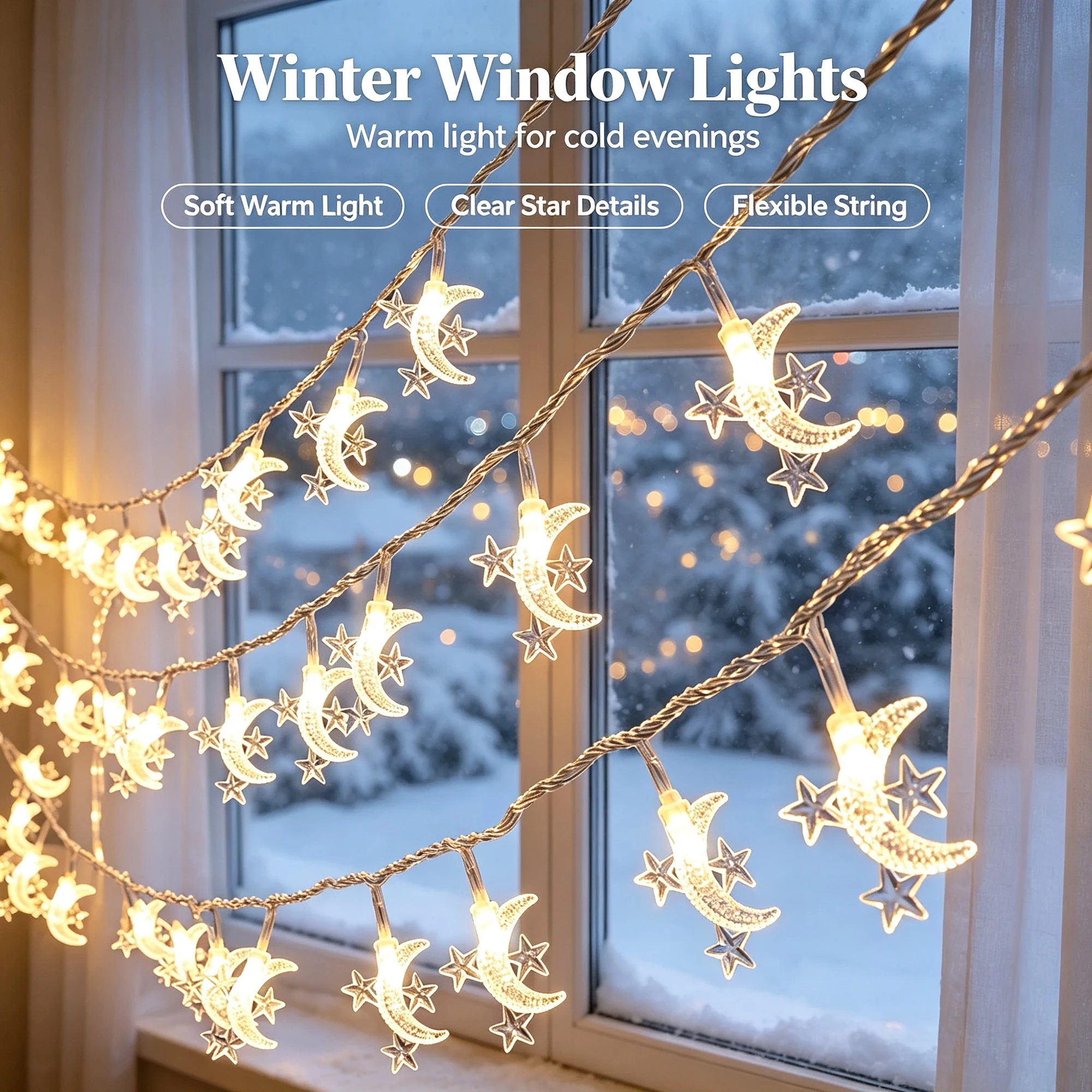 LED Moon Star String Lights, 3 AA Battery Operated Fairy Lights, Curtain Lamp for Bedroom Living Room, Christmas Decor