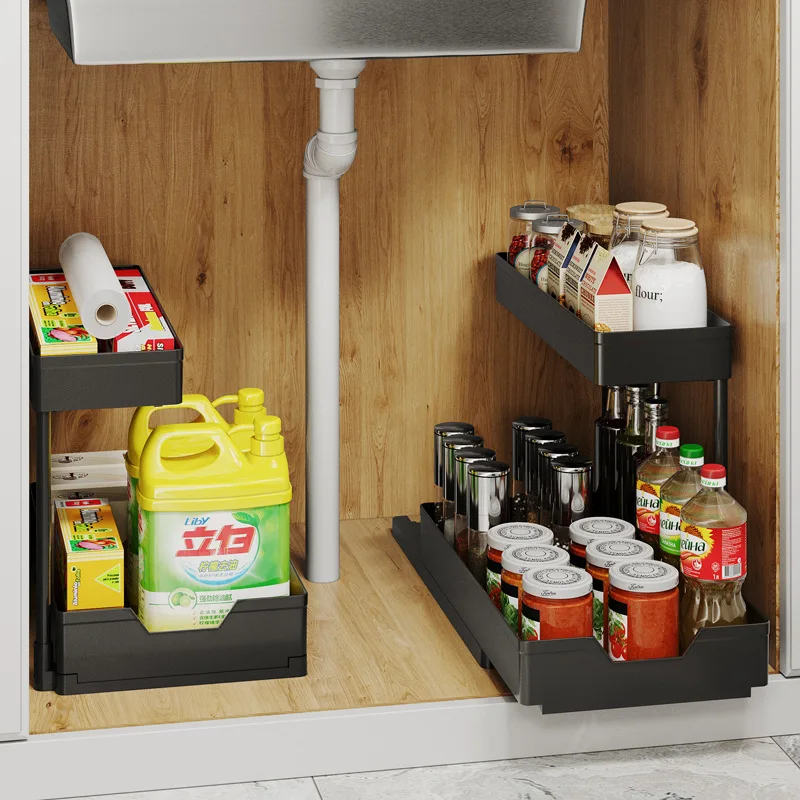 Under Sink Storage Organizer Sliding L-shape Under Bathroom Kitchen Cabinet Organizers 2 Tier Drawer Narrow Space Sink Organizer