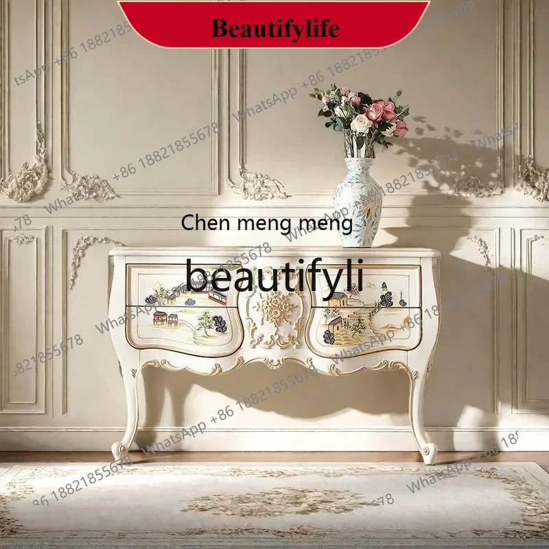 

D178 French light luxury painted porch cabinet entry foyer wall storage decoration, European villa carved drawer cabinet