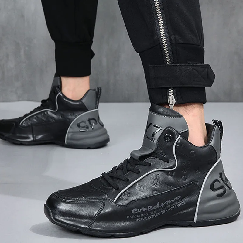 Men High Top Cowhide Genuine Leather Sneakers Lace Up Ankle Short Boots Male High-top Casual Sneakers Shoes tenis masculino