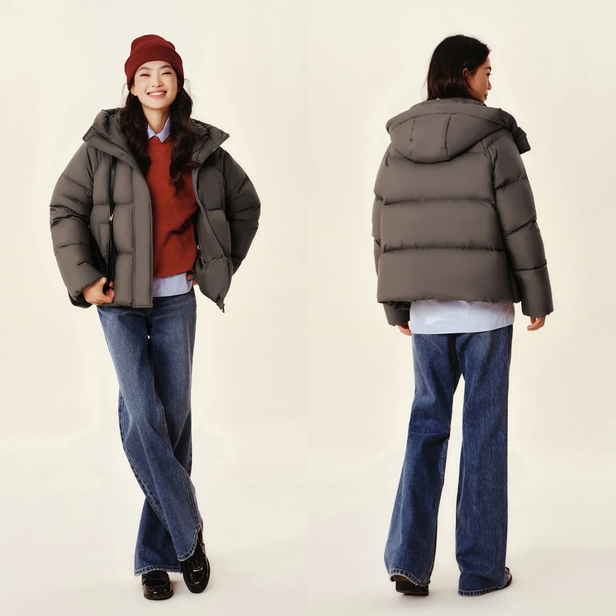 Jaqueta semir com capuz feminino, casaco puffer versátil, à prova de três, monocromática, solta, nova, inverno, 2024