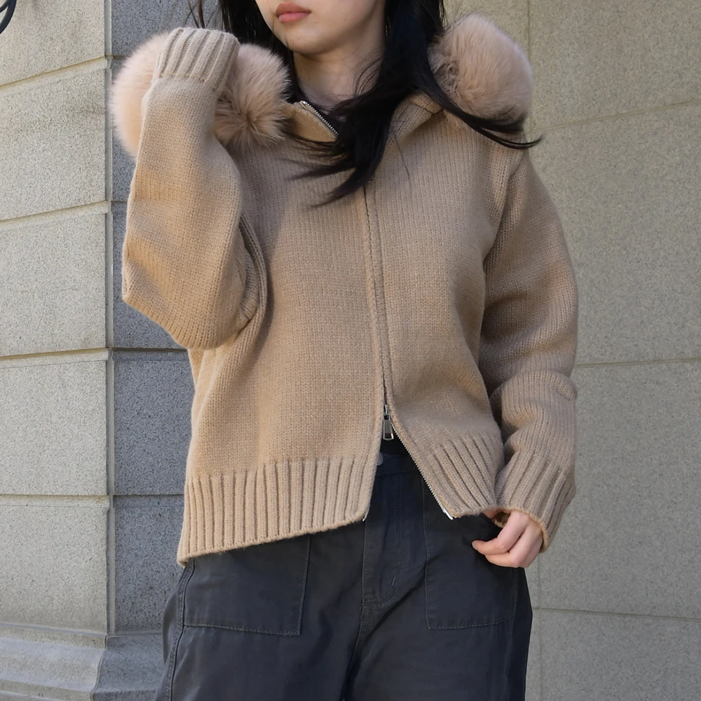

Jxwatcher Women's Sweater with Real Fox Fur Collar Autumn Winter Casual Hooded Knitted Tops Natural Fur Short Cardigan 2024 New
