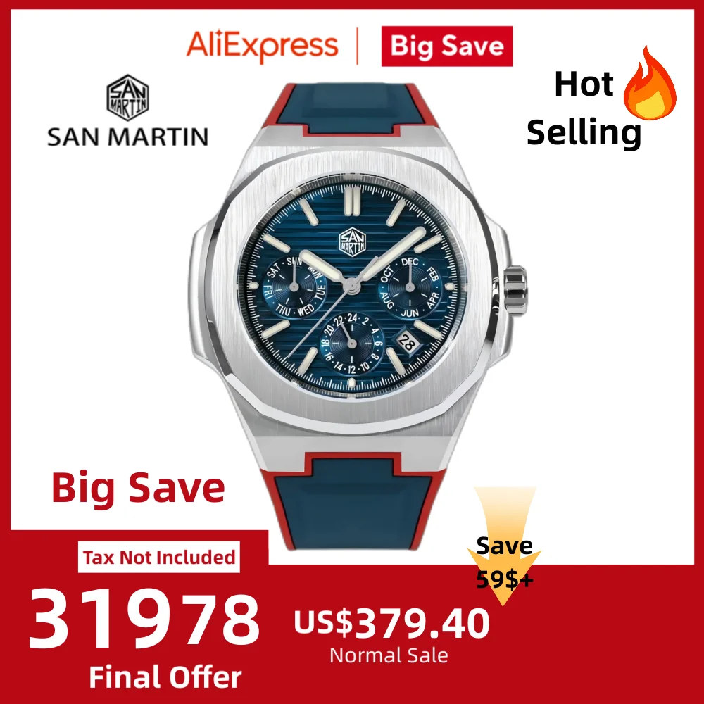 

San Martin 43 мм 9120 спортивные многофункциональные мужские часы механические часы дата неделя месяц окно FKM резина 10 бар Reloj Hombre SN0075B