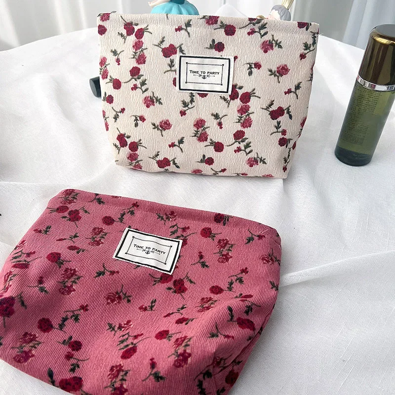 Borsa per il trucco astuccio per matite per ragazze astuccio per cosmetici a fiori di velluto a coste per donna pennelli per trucco da viaggio