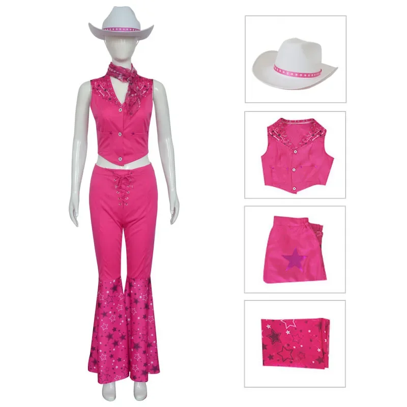 2023 Movie Barbi Cosplay Rose Red Bell Bottoms Barbe Cos Suit Tight Fitting Set with Hat and Scarf Halloween Costumes Kids Adult