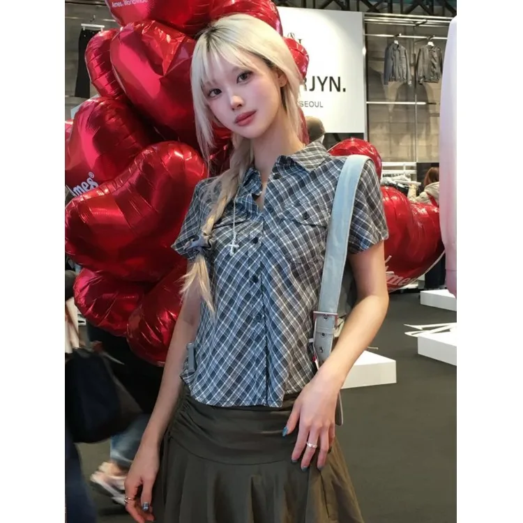 

Xu Yunzhen Retro Striped Plaid Denim Short Sleeve Shirt Korean Style Women's Casual Fashion Spring Autumn Winter Top