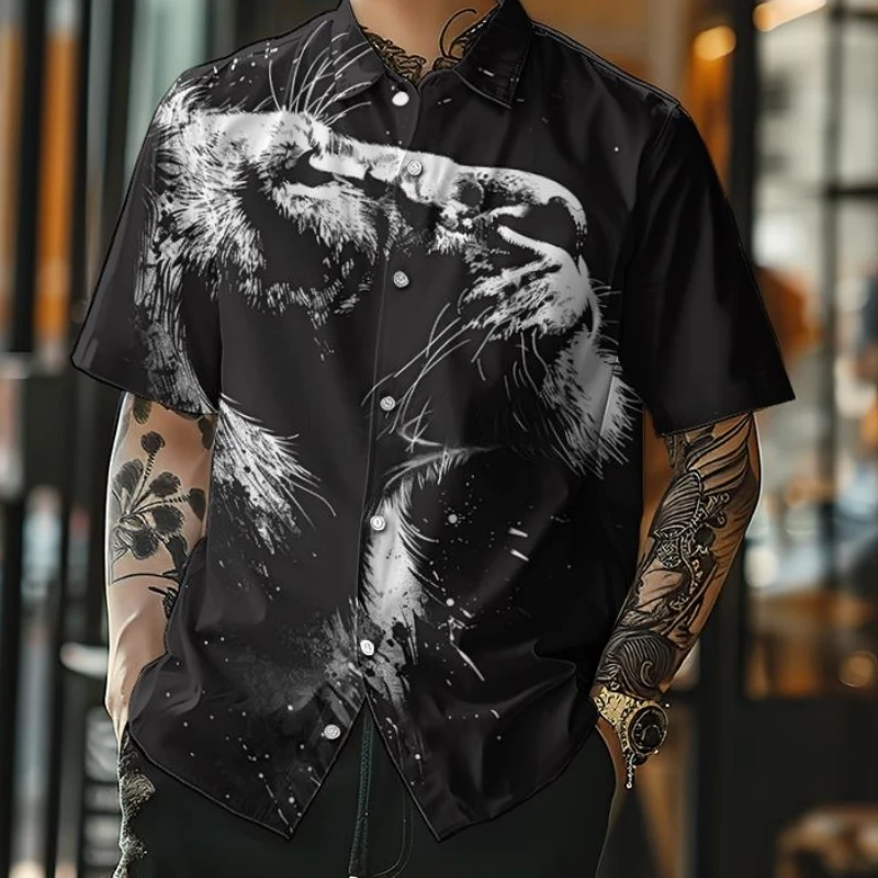 3d Black White Animal Print Men\'s Shirt Fashion Casual Short Sleeve Shirt Retro Loose Oversized Hawaiian Shirts For Men 2024 Top