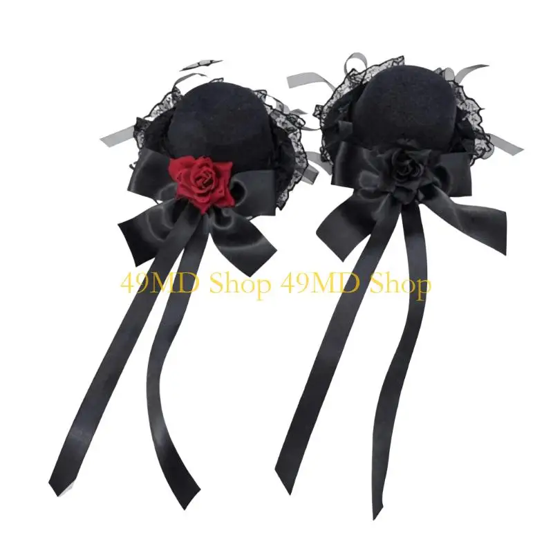 

49MD Lace Trim Rose Flower Hat Barrette Anime Event Hair Decoration Side Hair Clip For Halloween Special Occasion Dressingup