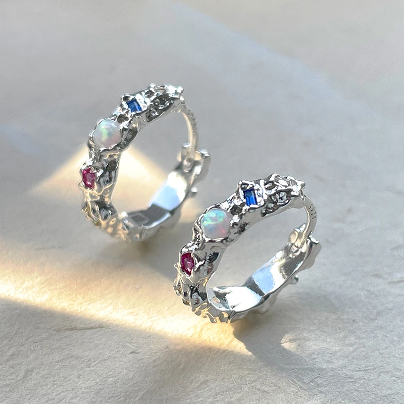 

PONYKISS 925 Sterling Silver Zircon Opal Irregular Round Hoop Earrings for Women Trendy Fine Jewelry Minimalist Accessories
