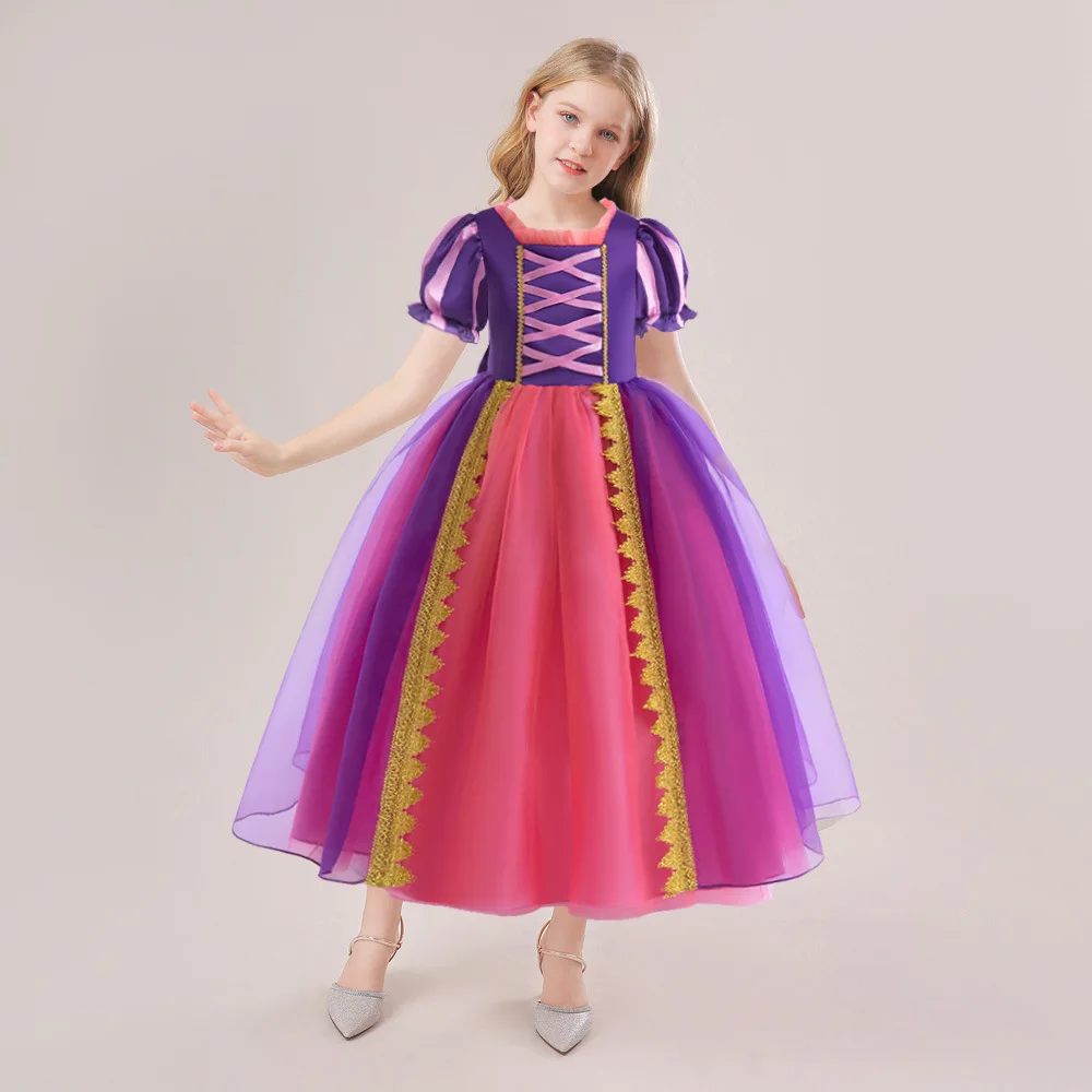 

Girls Rapunzel Princess Dress Puff Sleeve Mesh Cosplay Tangled Mardi Gras Costume Children Kids Birthday Halloween Party Gown