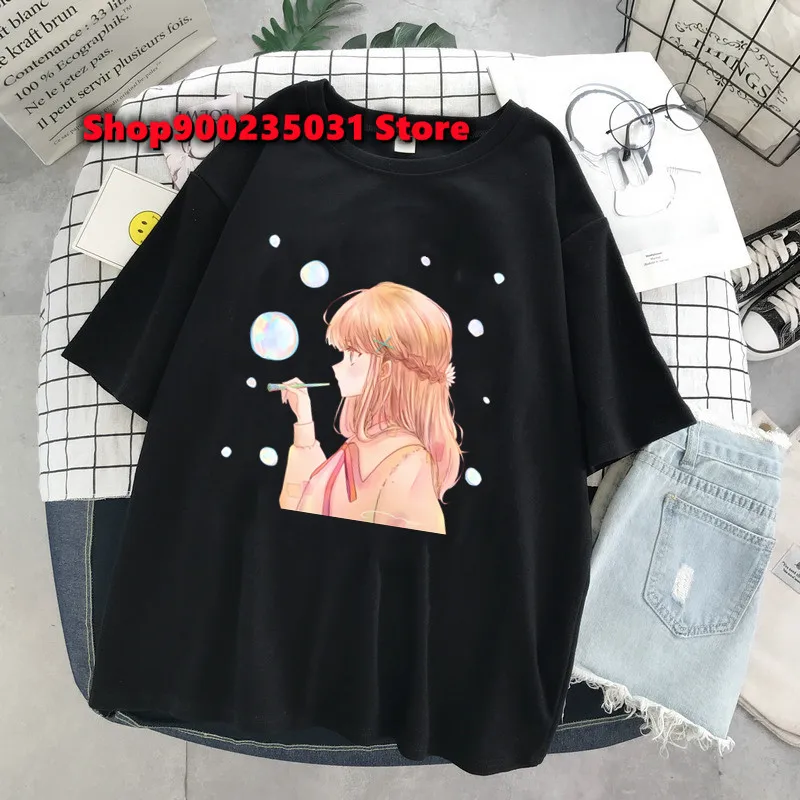2025 New Anime Bubble Girl Print T Shirts Women's Oversized Black Short Sleeve Harajuku Graphic T-shirt Y2k Tops Summer Couples