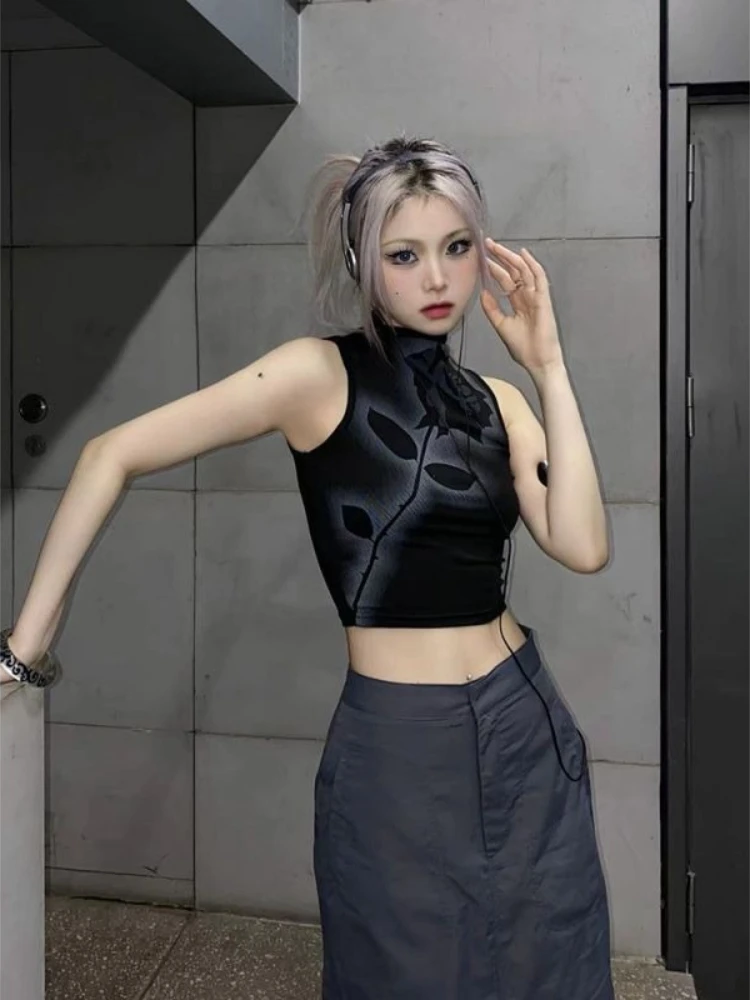 2026 Women's Gothic Rose Print Cami Top Y2k Dark Aesthetic Sleeveless High Neck Crop Blouse Summer Streetwear