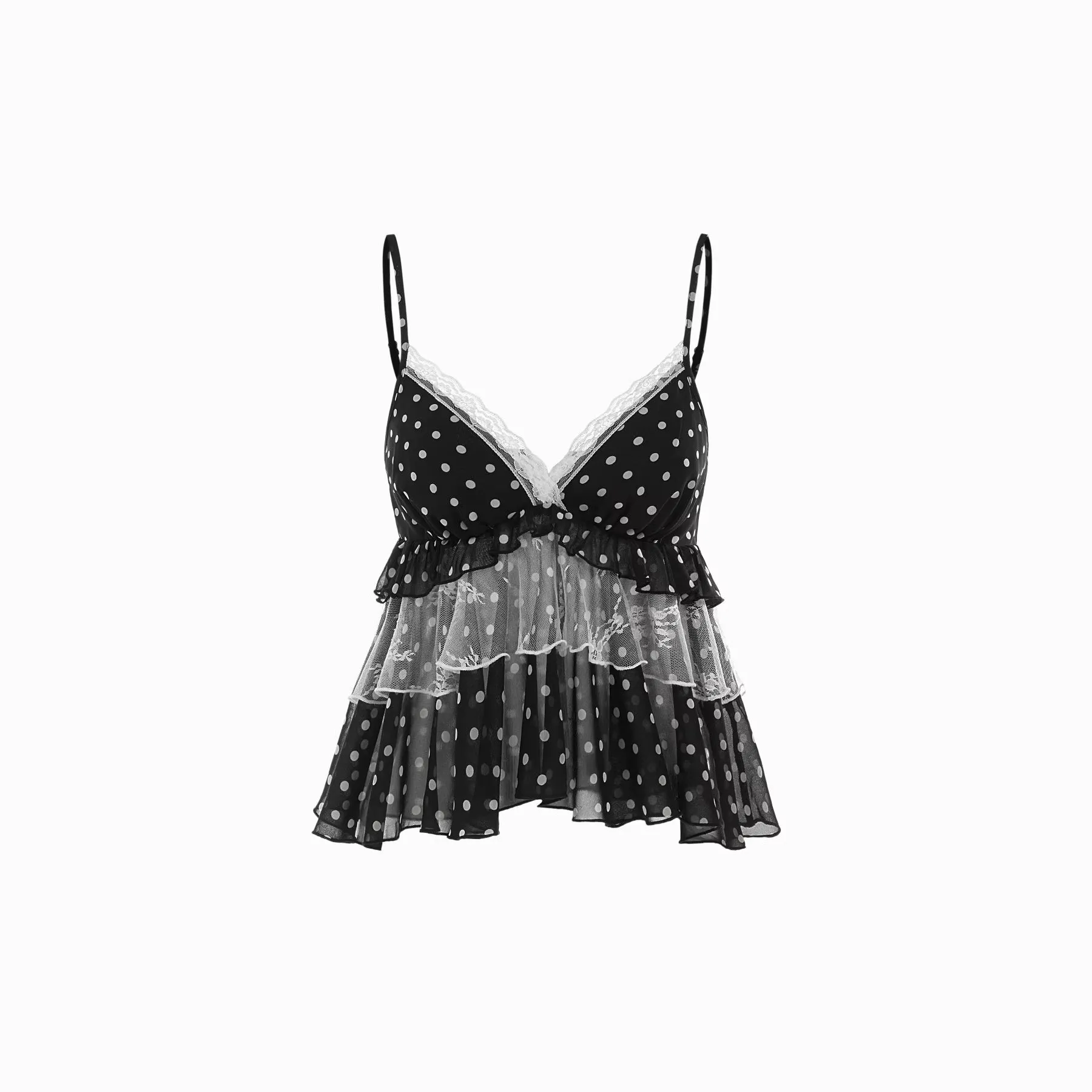 Ruffle V Neck Cropped Top Private Celebrity Style with Sleeveless Asymmetrical Sweet Patchwork Summer Spaghetti Strap Top Women