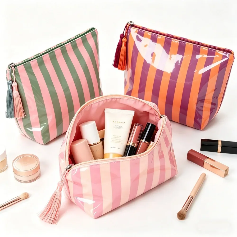 Glänzender, gestreifter Kosmetik-Organizer, Kosmetik- und Waschmittel-Aufbewahrungstasche mit großem Fassungsvermögen, tragbare Reise-Toilettentasche, Outdoor-Reisetasche – Detail 2