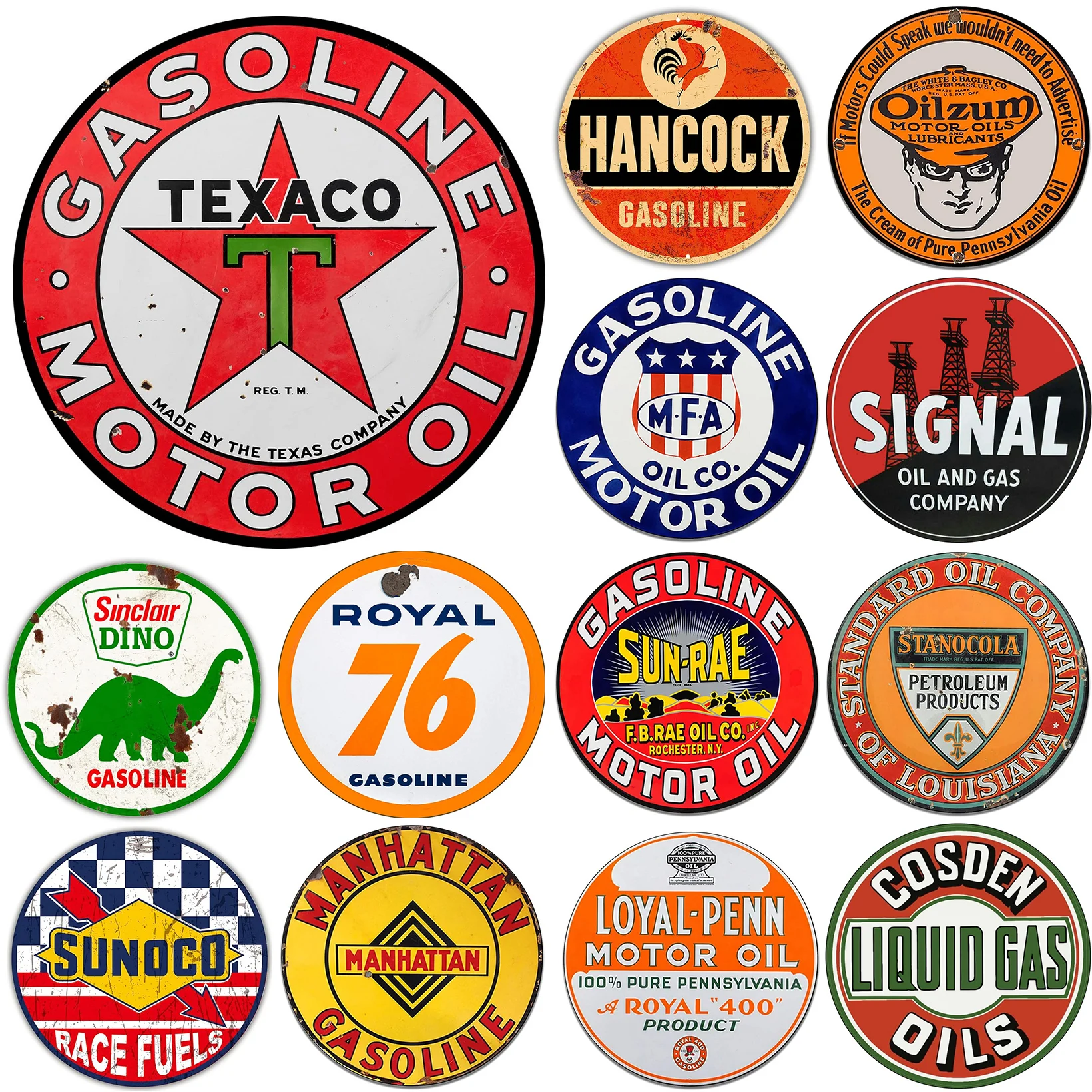 Vintage Gas Standard Motor Oil Sign Reproduction Dino Texaco Posters Round Metal Tin Signs for Garage Gas Oil Station Wall Decor