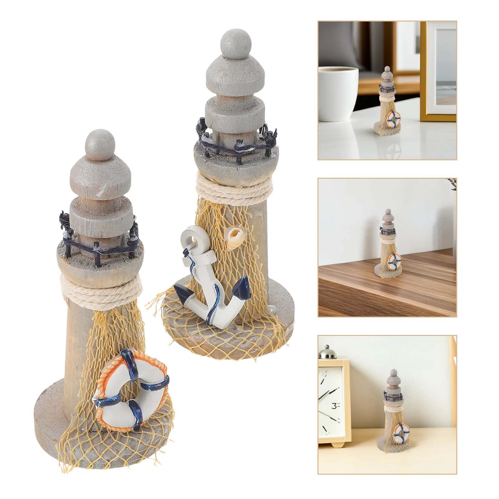 

2Pcs Mini Nautical Lighthouse Wooden Mediterranean Ornaments Coastal Home Decor Tabletop Retro Beach Lighthouse Decoration