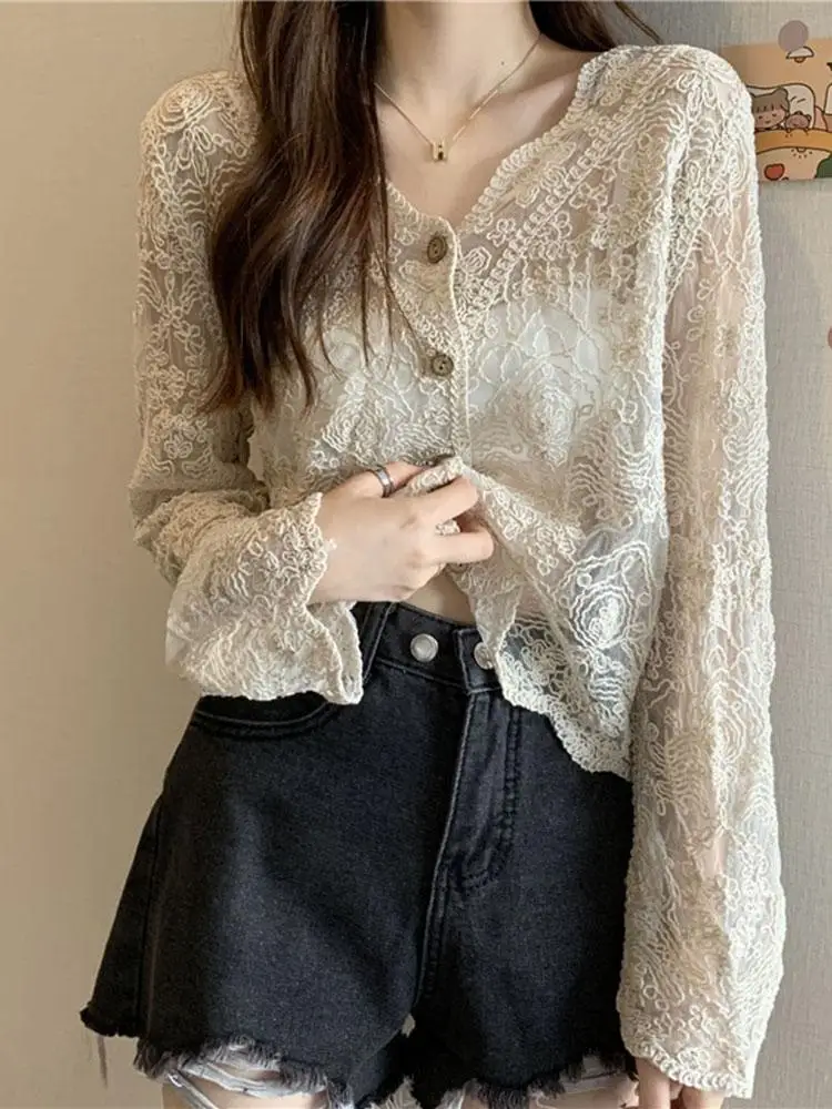 

Женский белый кружевной топ с вырезами Long Sve V-Ne Design, летний модный солнцезащитный топ с цветочным узором