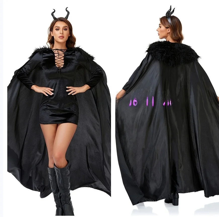 

Halloween Sleepy Hollow Black Witch Costume Devil Witch Outfit Evil Witch Robe Cape Women's Fashion Stage Performance Clothing