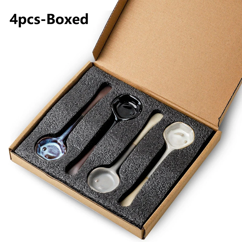 

4pcs Retro Coarse Pottery Mixing Spoon Afternoon Tea Coffee Ceramic Long-Handled Spoon Household Kitchen Handmade Soup Spoons