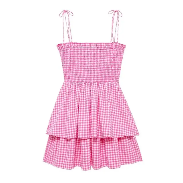 

New Summer Fashion Women Mini Dress Plaid Square Collar Sleeveless Backless Bow Lace Up Decorate Female Holiday Beach Dresses