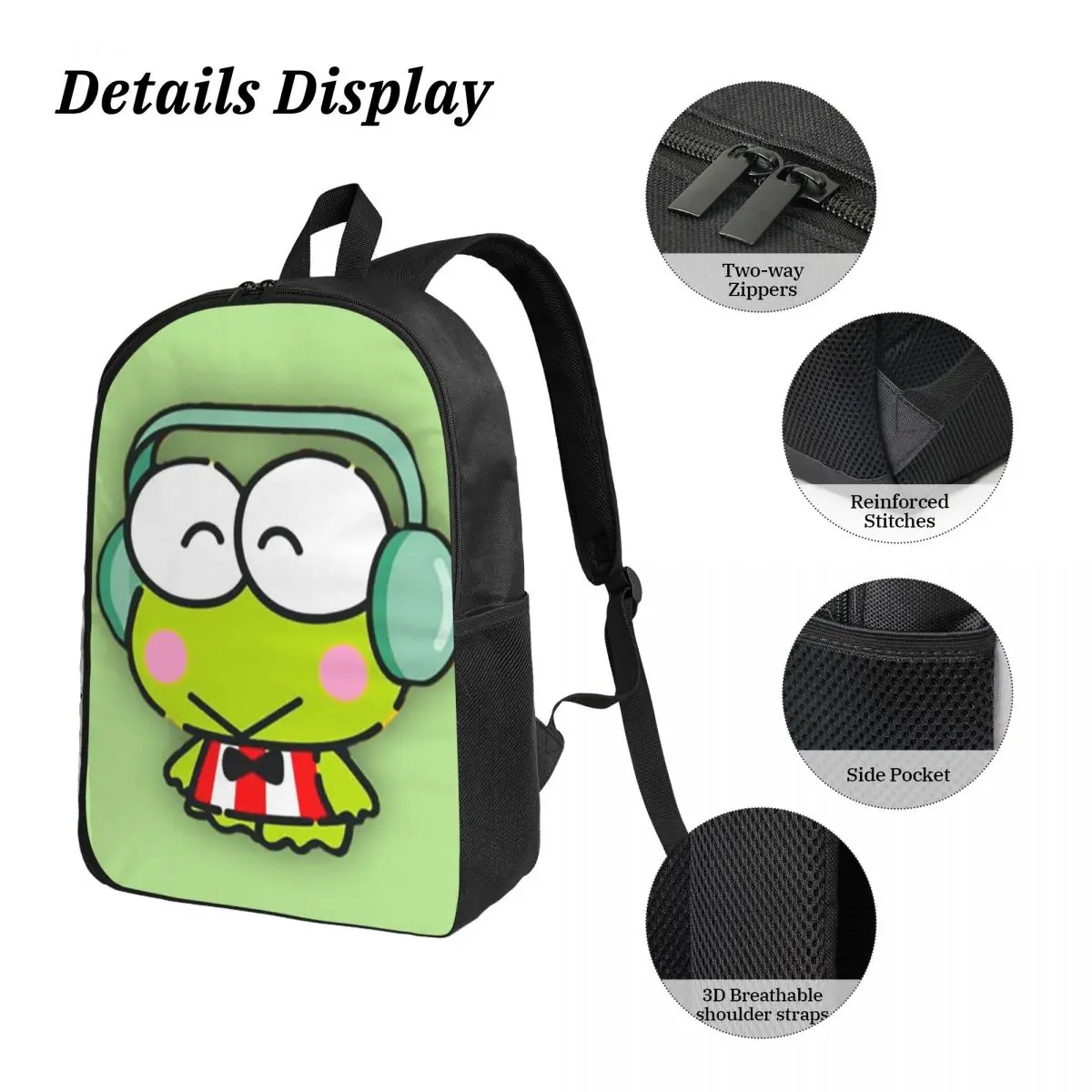 Keroppi كبير العينين الضفدع الكرتون على ظهره بنين بنات BookBag حقيبة مدرسية كمبيوتر محمول حقائب كتف 3ps معزول حقيبة الغداء مقلمة