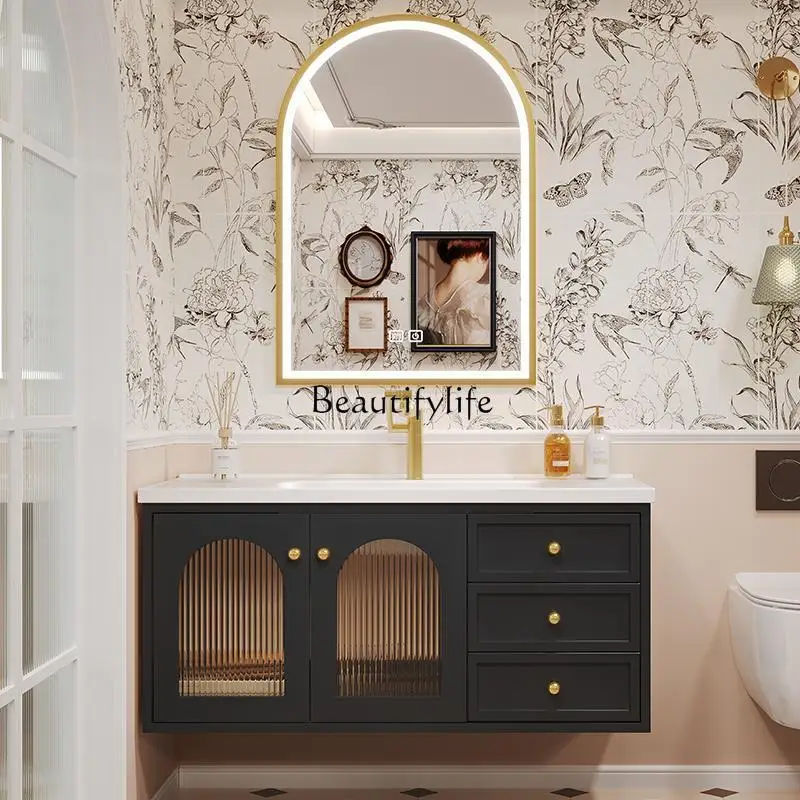 

Oak retro style bathroom cabinet French ceramic integrated basin wash basin cabinet combinationwash table integration