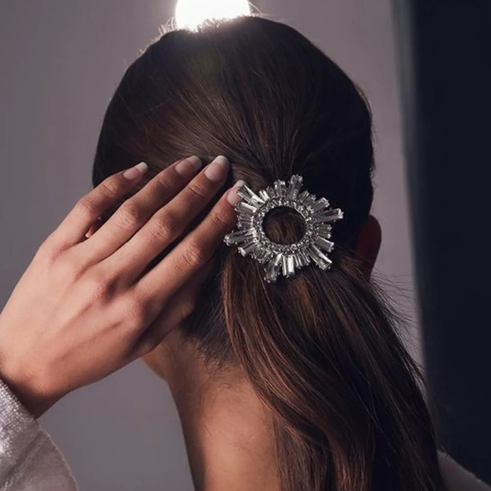 Stonefans Geometric Crystal Round Hair Clips One-word Clip for Women Simple Hollow Hair Bundle Hairpin Bridal Hair Accessories
