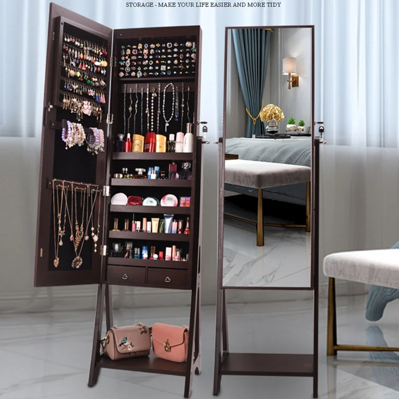 Large Floor Type Makeup Jewelry Storage Mirror Cabinet Handbag Organizer Cabinet Full Length Mirror Jewelry Cabinet Shelf Rack