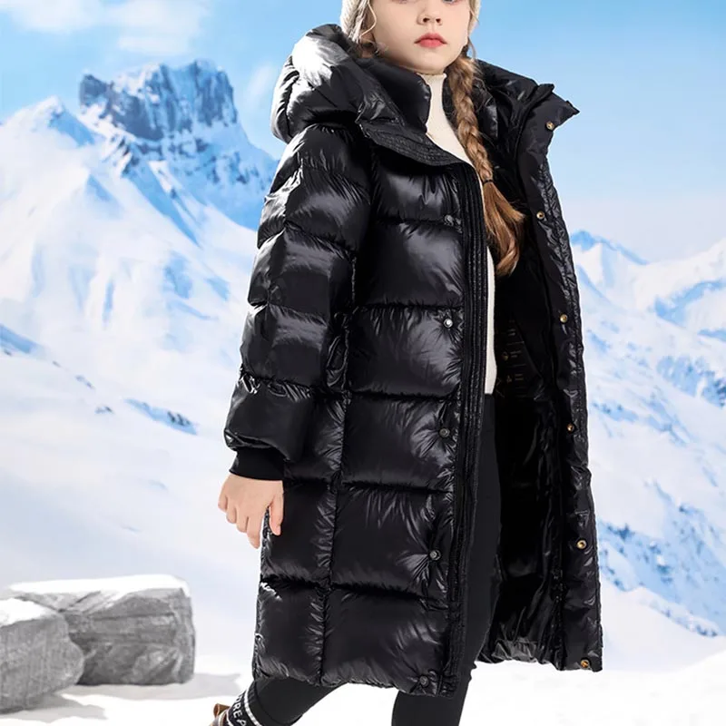 Детское пальто с капюшоном, длинное черно-золотистое утепленное хлопковое пальто, зимнее пальто до колена для детей, куртка из искусственного пуха для мальчиков и девочек