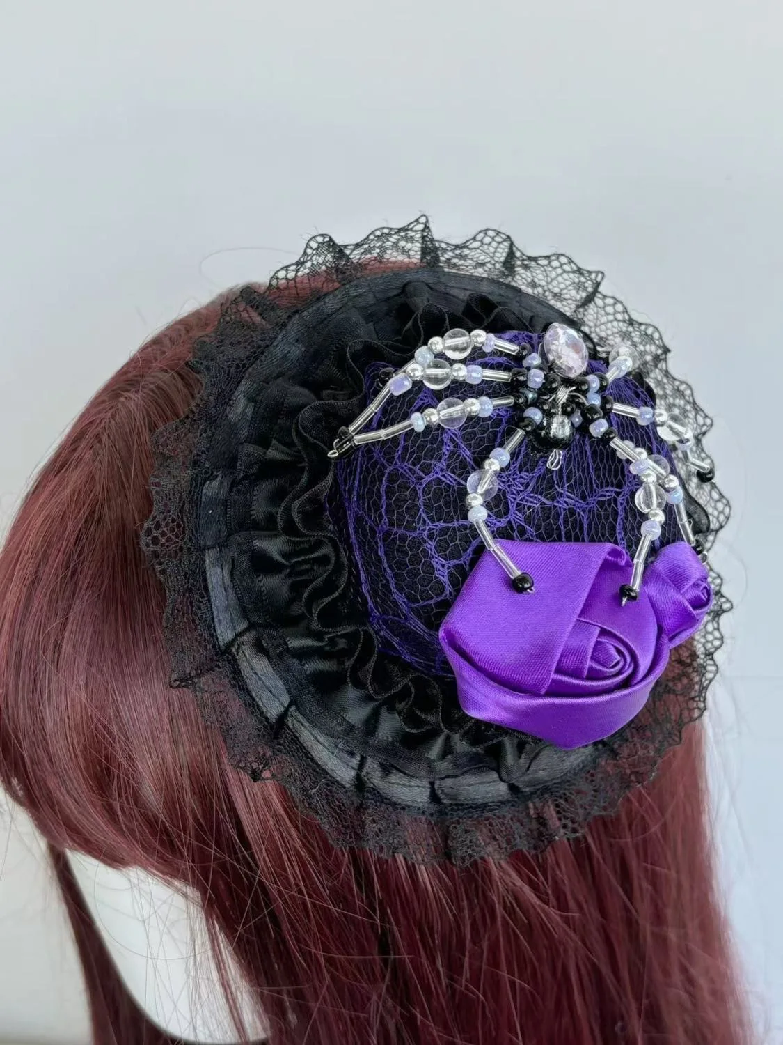 Lolita Ball Top Hat Lace Bead Dark Purple Goth Top Hat Hair Accessories Headdress Punk Spider Roses Side Clip Rose Headwear Hats