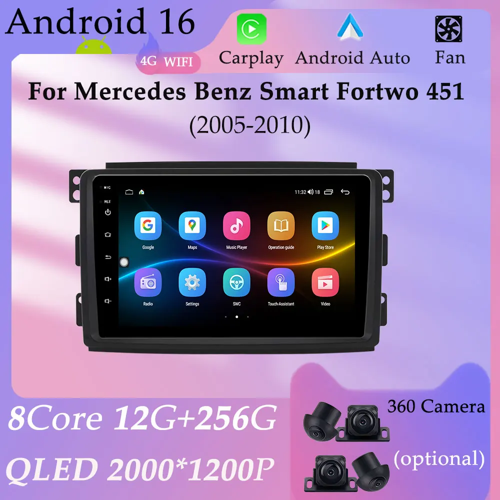 For Mercedes Benz Smart Fortwo 451 2005 - 2010 CarPlay Android GPS Navi Car Radio Multimedia Player Split Screen WIFI DSP Stereo