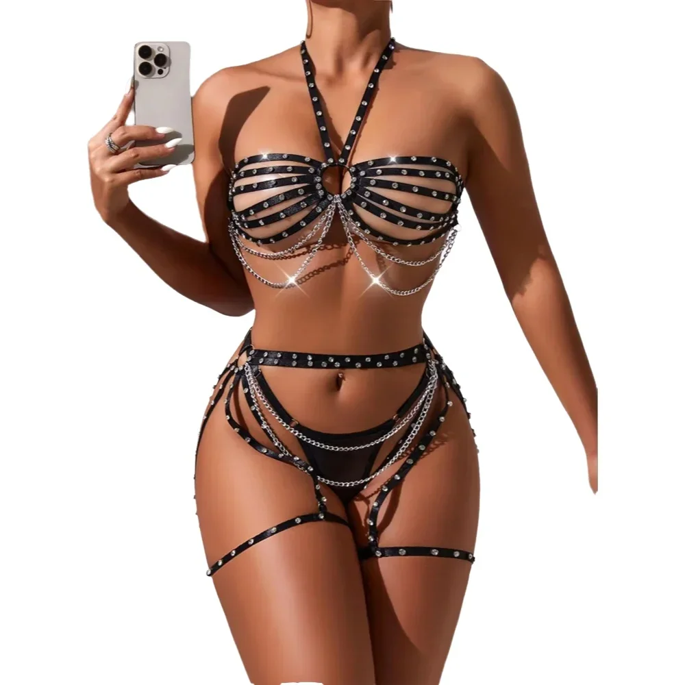 

Новый женский сексуальный комплект нижнего белья 2025 года: бюстгальтер и стринги с бриллиантовой цепочкой, эротический комплект с подвязками