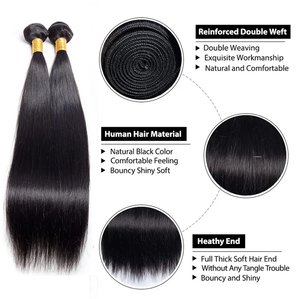 Pacotes de cabelo humano virgem brasileiro, cabelo reto não processado, extensões de tecer, cor natural, 3 pacotes, 12 em-30 em, 10A