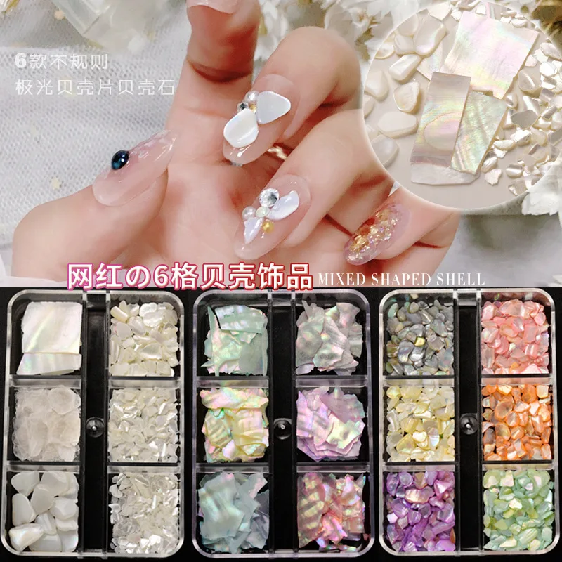 6Grids/box Abalone Shell Nail Art Flakes Irregular Shell Slices Nail Charms 3D Shiny Shell Sequins Nail Art Decoration Accessory