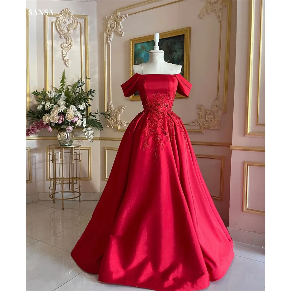 Sansa Red Satin Beaded Prom Dress Elegant Off Shoulder A-line Vestidos De Fiesta Luxury Embroidery Floor-Length Evening Dresses