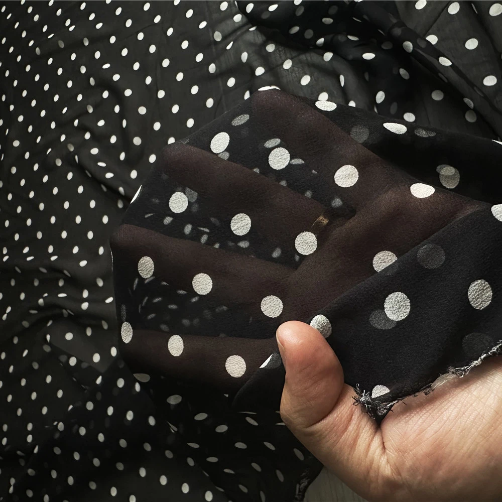 1 meter X 1.4 meter Black White Polka Dots Silk Georgette Chiffon Fabric