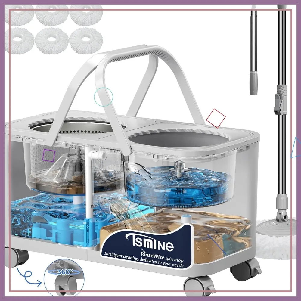 

2025 Compact Mop Bucket with Auto Water Refill, 360° Wheels & 6 Heads - Hands-Free Floor Cleaning for Hardwood, Tile & Laminate