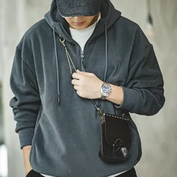 Maden Sweat à capuche masculin avec fermeture éclair partielle en polaire double face Sweat chaud et épais pour l'automne et l'hiver Chemise unie coupe droite pour porter dehors
