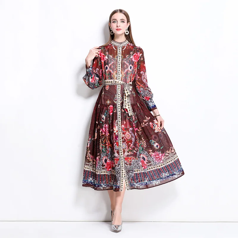 Grande robe trapèze imprimée pour femmes, manches lanternes, col montant, simple boutonnage, Design à lacets, robes longues Vintage, printemps 2025