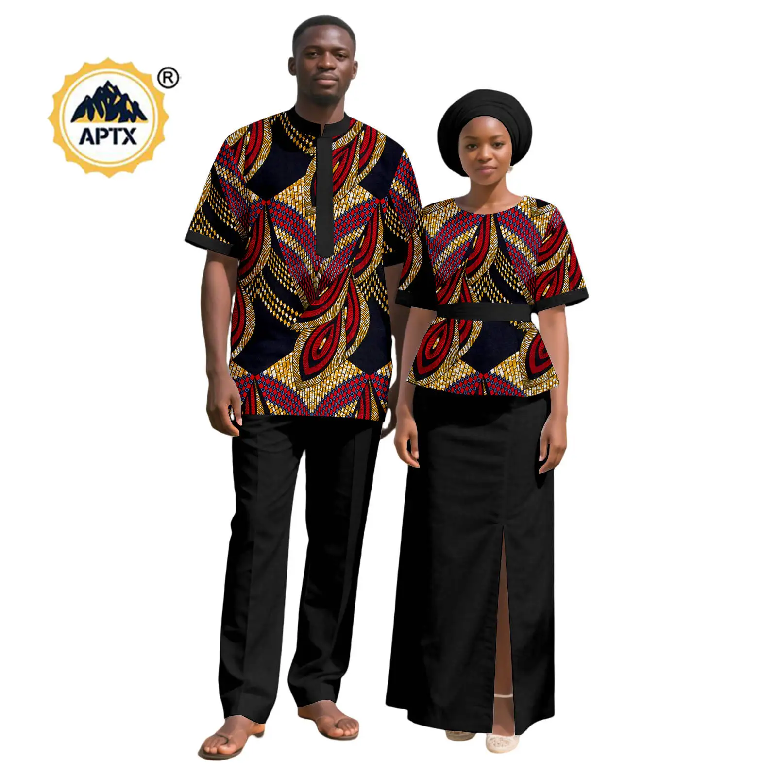 

African Top and Skirt Sets with Headwrap for Women Matching Couple Outfits African Clothes Dashiki Men Top and Pant Sets 25C087