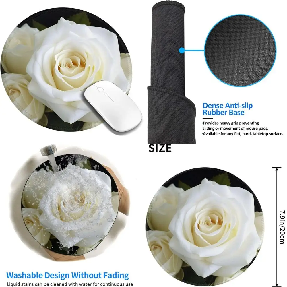 

8 Inch White Rose Round Comfort Gaming Mouse Pad with Stitched Edge and Non-Slip Rubber Base, Waterproof Computer Mouse Mat