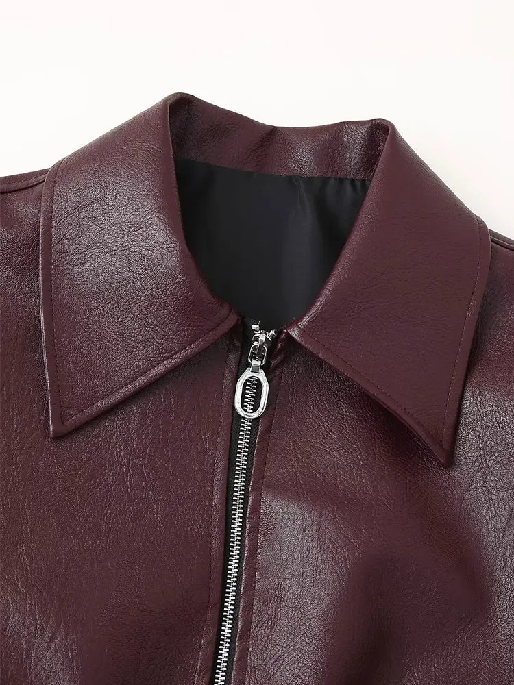 TRAF 2024 Autumn Vintage Women JacketsTurndown Collar Zipper Oversized Tops Casual Fashion Leather PU Streetwear Coat