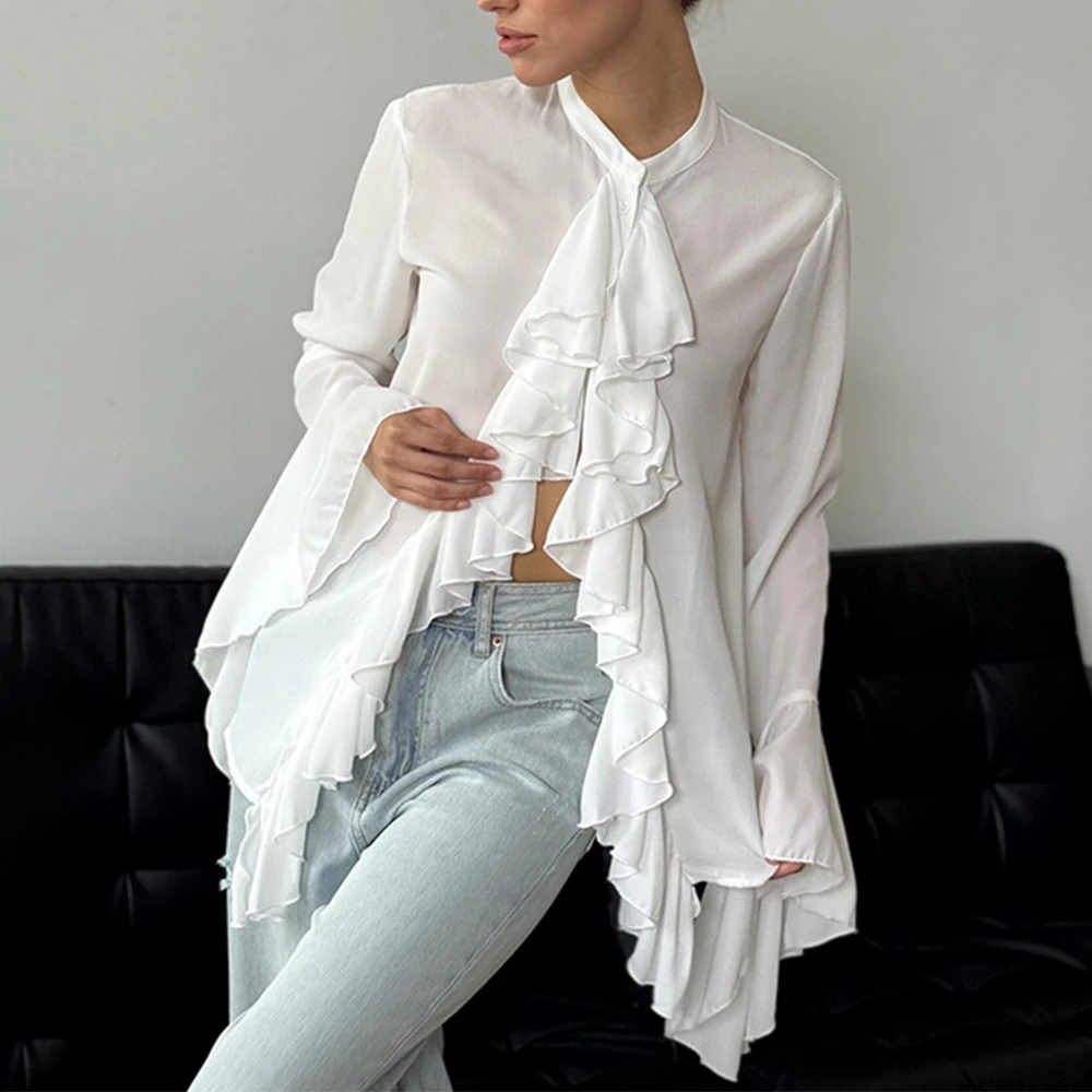 Talenza See-through Ruffle Shirt Top Women\'s White O-Neck Long Sleeve Shirt Casual Single-Breasted Loose Patchwork Shirt Top