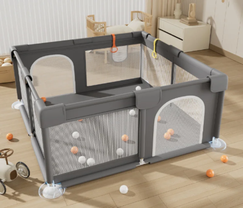 Baby Playpen BPA-Free Oxford Mesh Tool Free Assembly with Pull Up Rings Sturdy Suction Base Foam Padded Anti-Collision Breathable Toddler Activity Play Yard Grey image 7